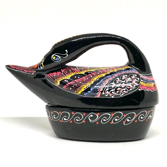 Black Lacquered Wood Trinket Box Black Swan Bird Duck hand painted Thailand - Picture 1 of 14